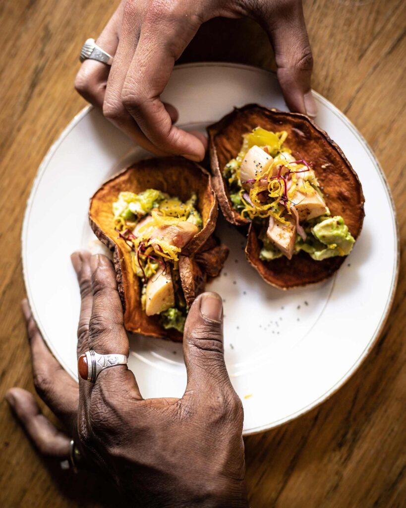 Sweet potato tacos with jerk king oyster mushrooms at L’Embuscade, an example of African food in Paris