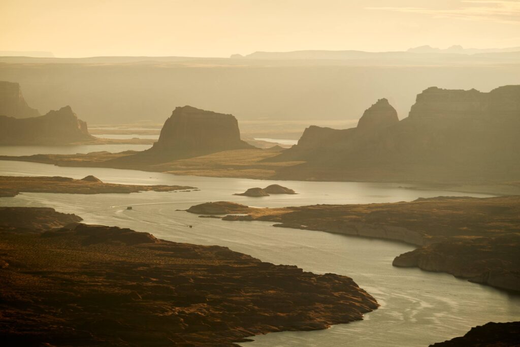 Aerial view of the rock formations of the Utah desert at Amangiri, Lake Powell, USA