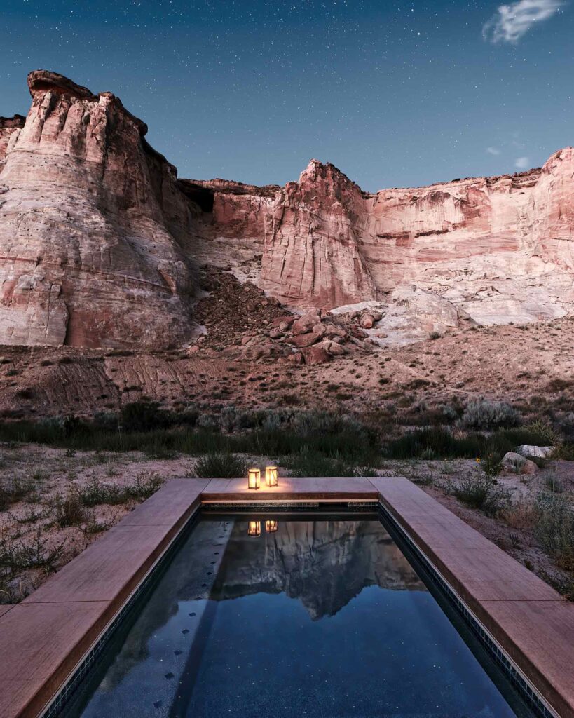 Pool at night at Amangiri, Lake Powell, Utah, USA