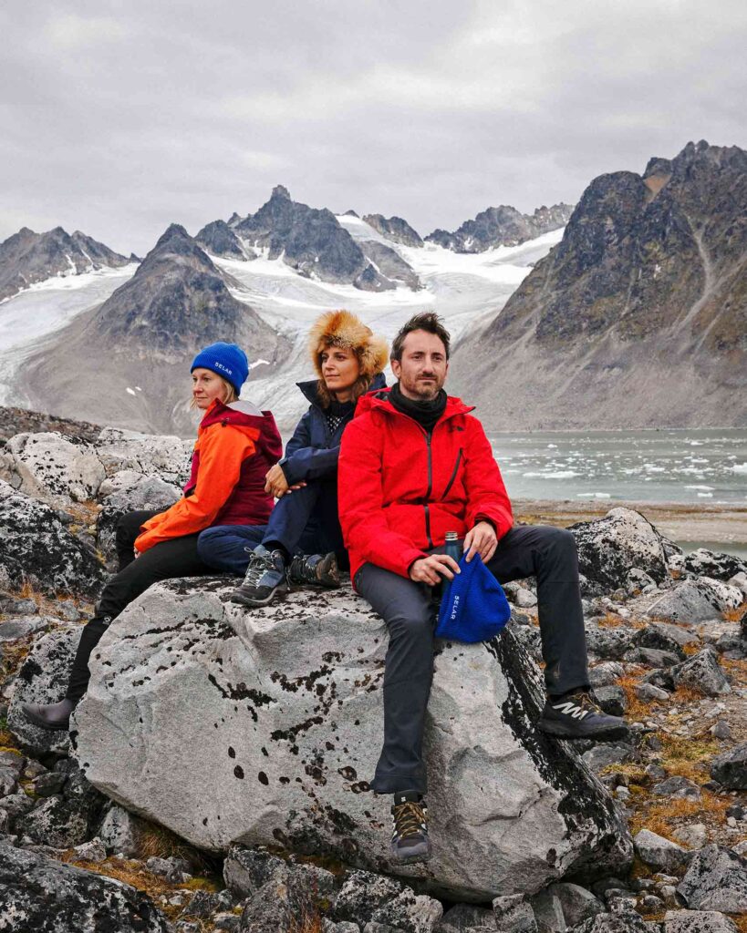 Sophie Galvagnon, Juliia Bijaoui and Quentin Vacher of Selar pose in the Arctic