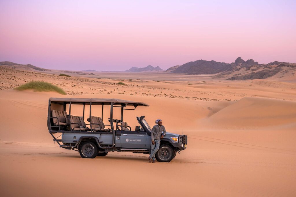 Safari vehicle at the ready at Serra Cafema, Skeleton Coast, Namibia