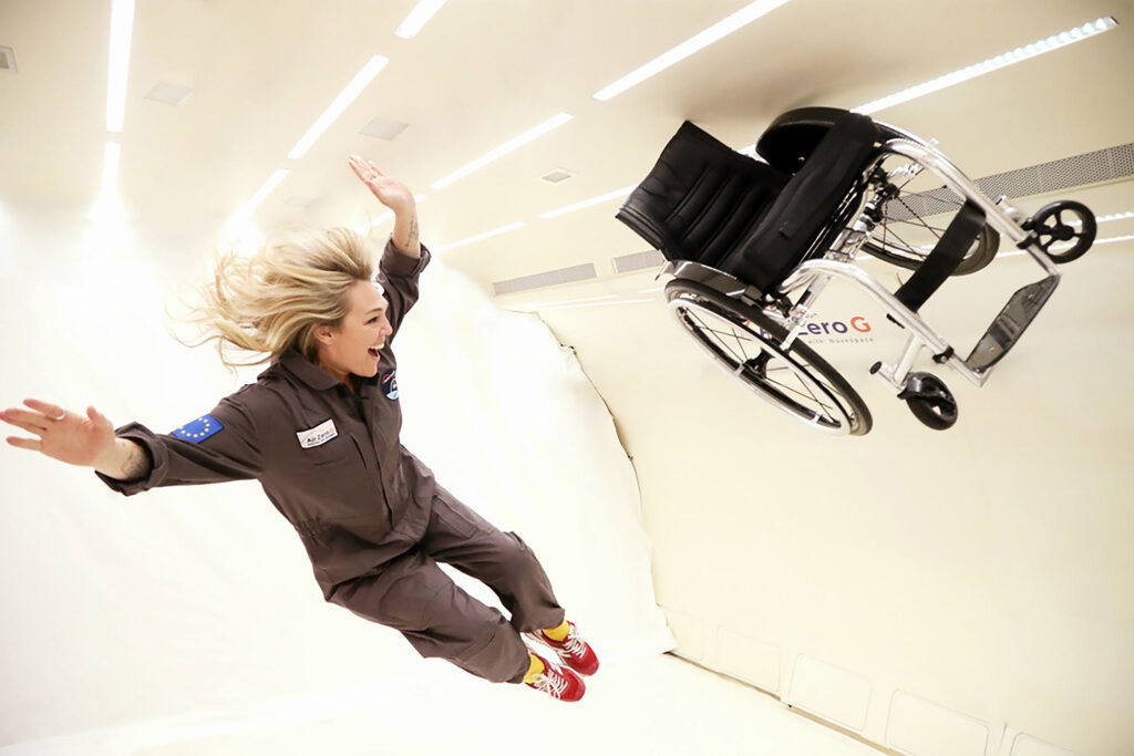 Sophie Morgan experiencing zero gravity with her wheelchair