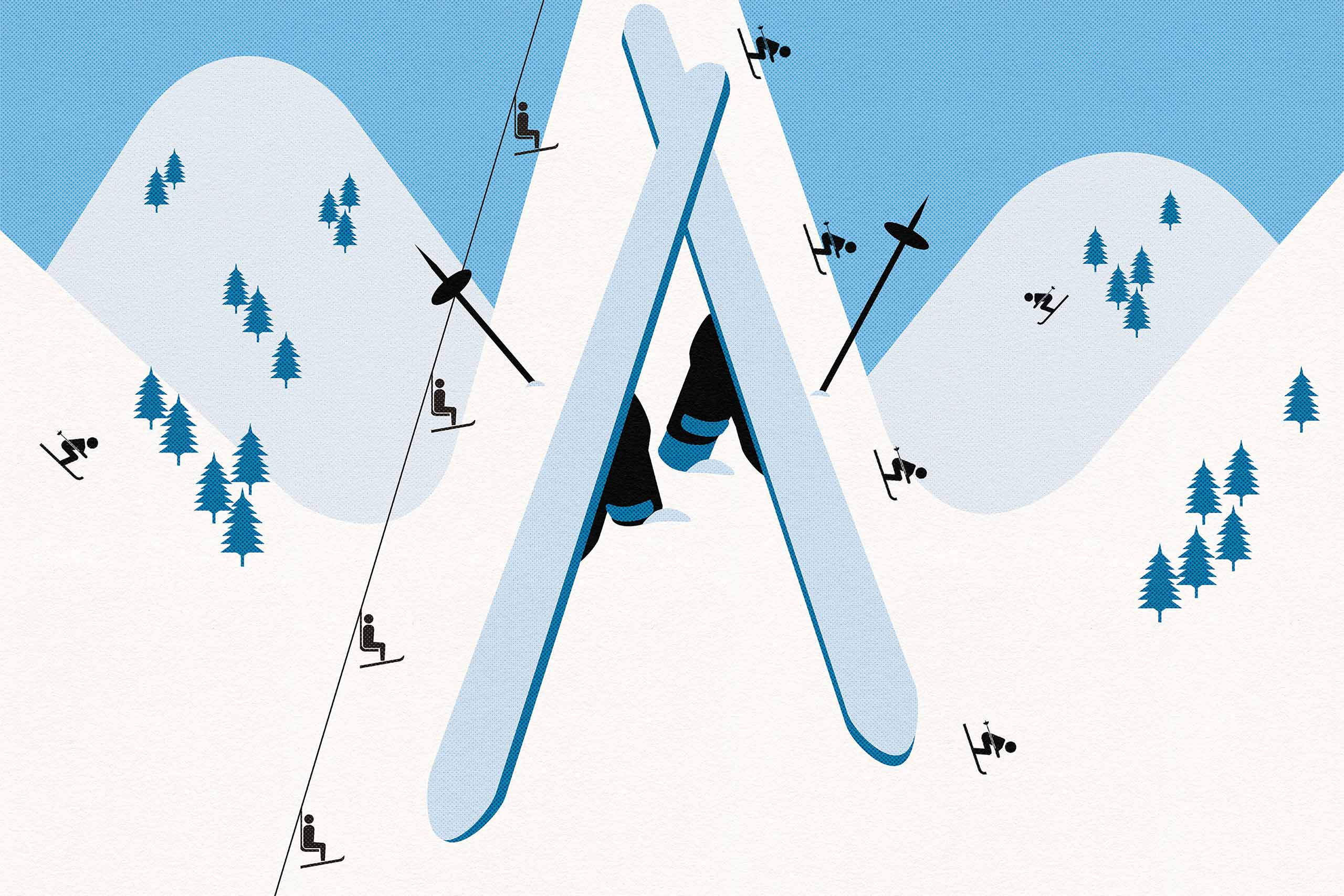 Illustration of skiers on a piste for a column on Alternative winter escapes