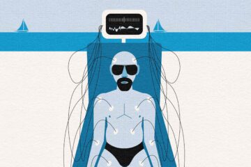 An illustration of a bald, male traveller wired up to a wellness machine on a beach with boats sailing in the background.